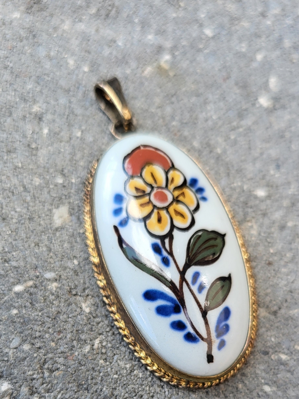 Porcelain Hand-Painted Floral Brass Pendant — Yellow & Blue